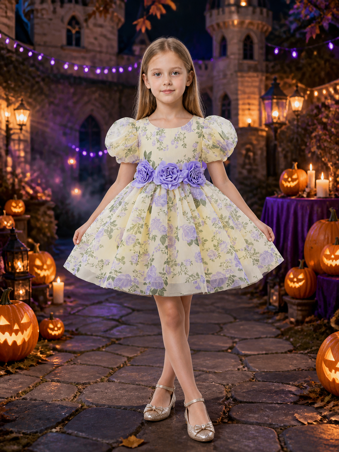 Girls' Floral Princess Dress With Puff Sleeves and 3D Flowers Costume Dresses detail 2