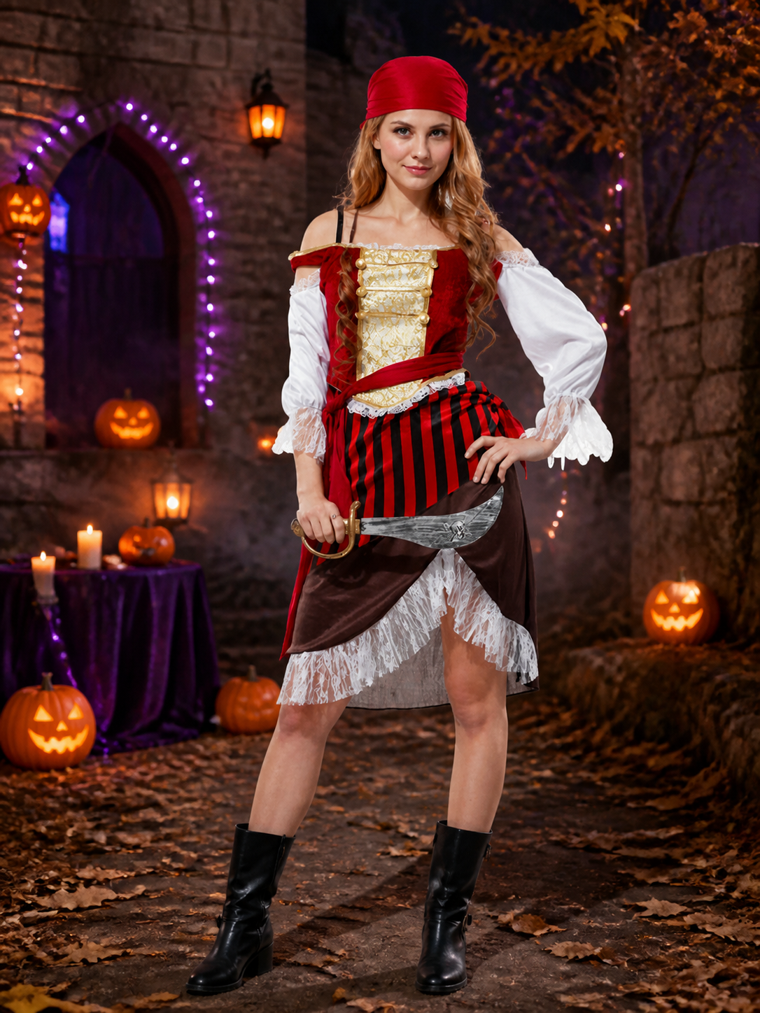 Women's Pirate Costume Set - Red & Black Striped Skirt, Lace Trim, Headband