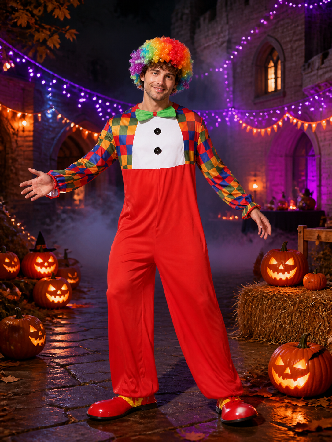 Adult Clown Jumpsuit Costume with Colorful Checkered Print and Bow Tie Costume Accessories detail 2