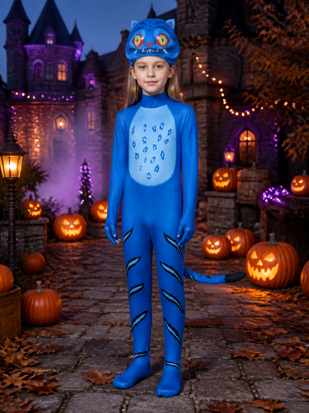 Blue and Black Tiger Costume Bodysuit with Headpiece, Full Body Animal Onesie Costume Headwear detail 2
