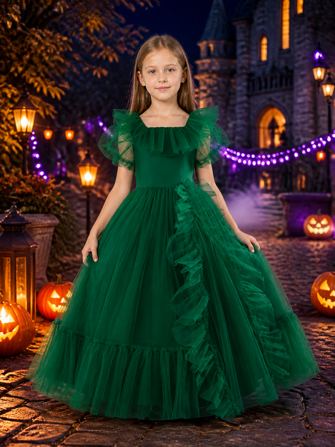 Girls' Green Princess Dress, Ruffled Puff Sleeve Layered Tulle Formal Gown Costume Dresses detail 2