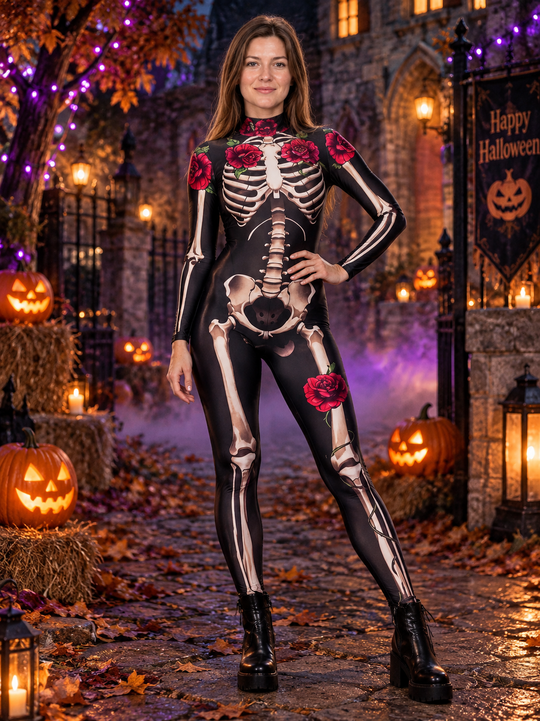 Skeleton Costume Jumpsuit with Print and Red Roses