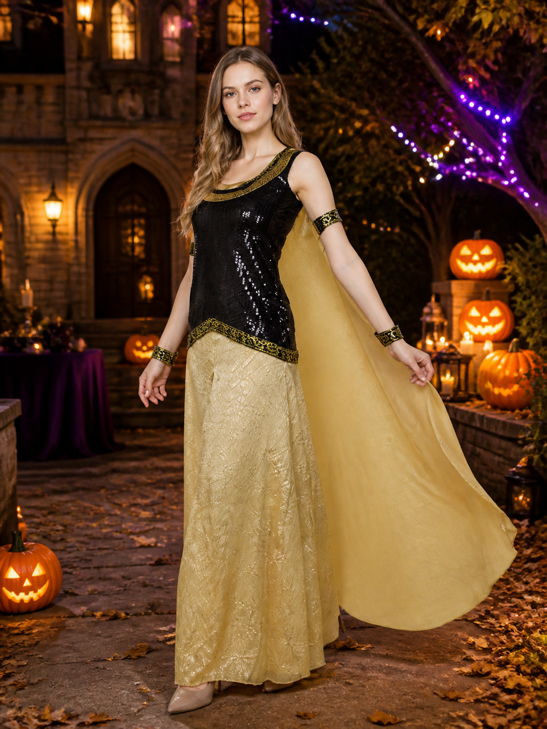 Cleopatra Costume, Black Sequined Top With Gold Long Skirt And Flowing Cape Costume Capes detail 2