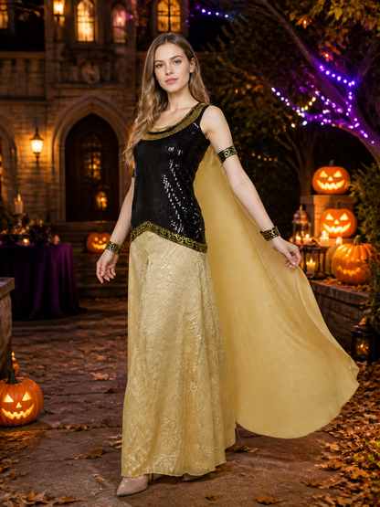 Cleopatra Costume, Black Sequined Top With Gold Long Skirt And Flowing Cape Costume Capes detail 2