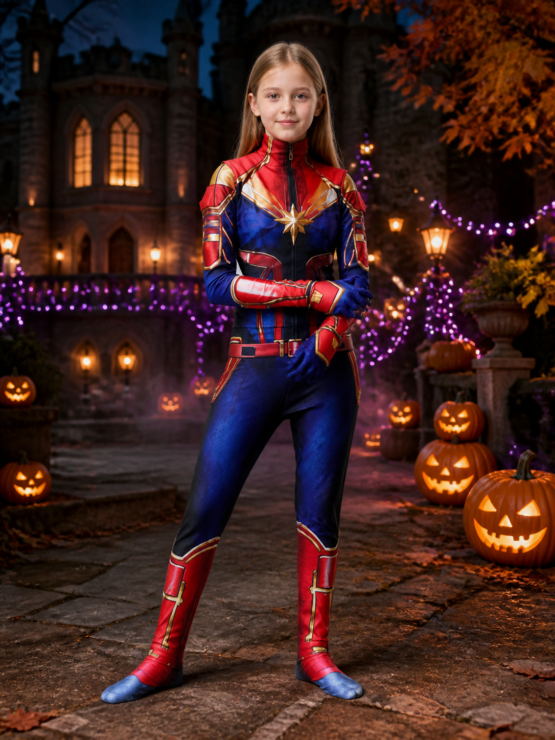 Children's Red Blue Star Superhero Jumpsuit Costume With Gold Accents Costumes detail 2