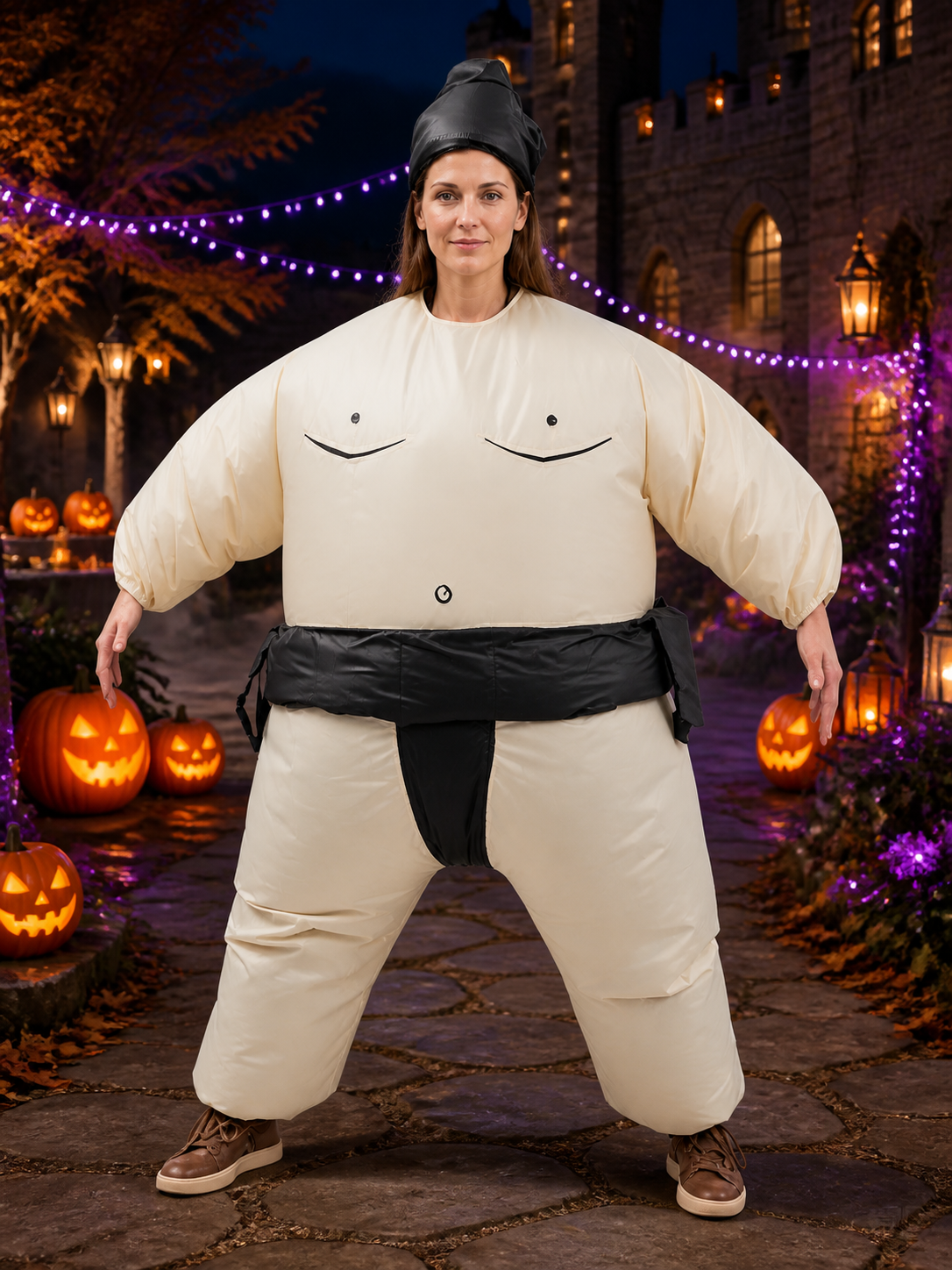 Inflatable Sumo Costume Set with Black Headgear, One Size Halloween Outfit Costumes detail 2