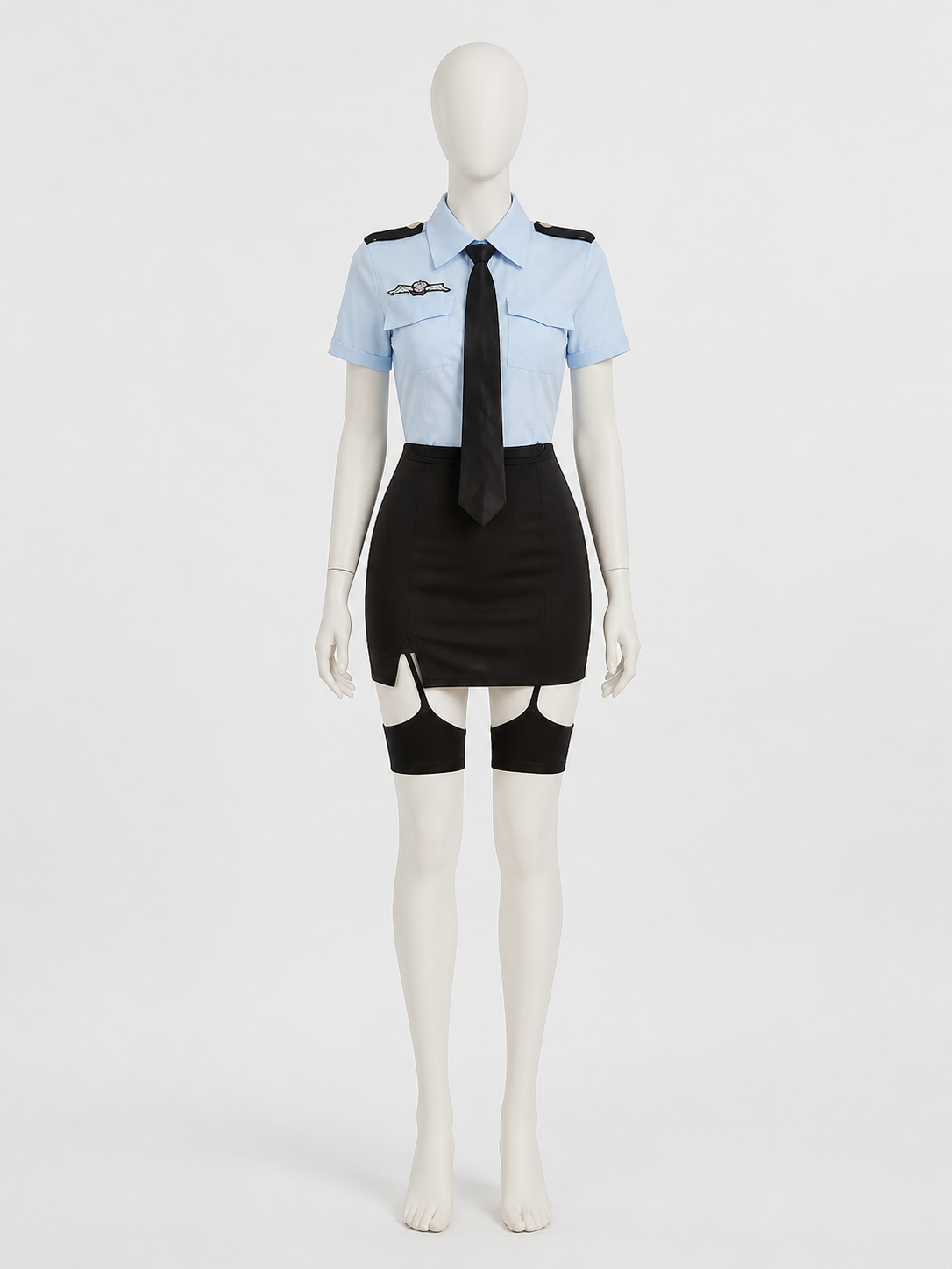 Women's Police Officer Cosplay Costume, Light Blue & Black Short Sleeve Uniform Costumes detail 2