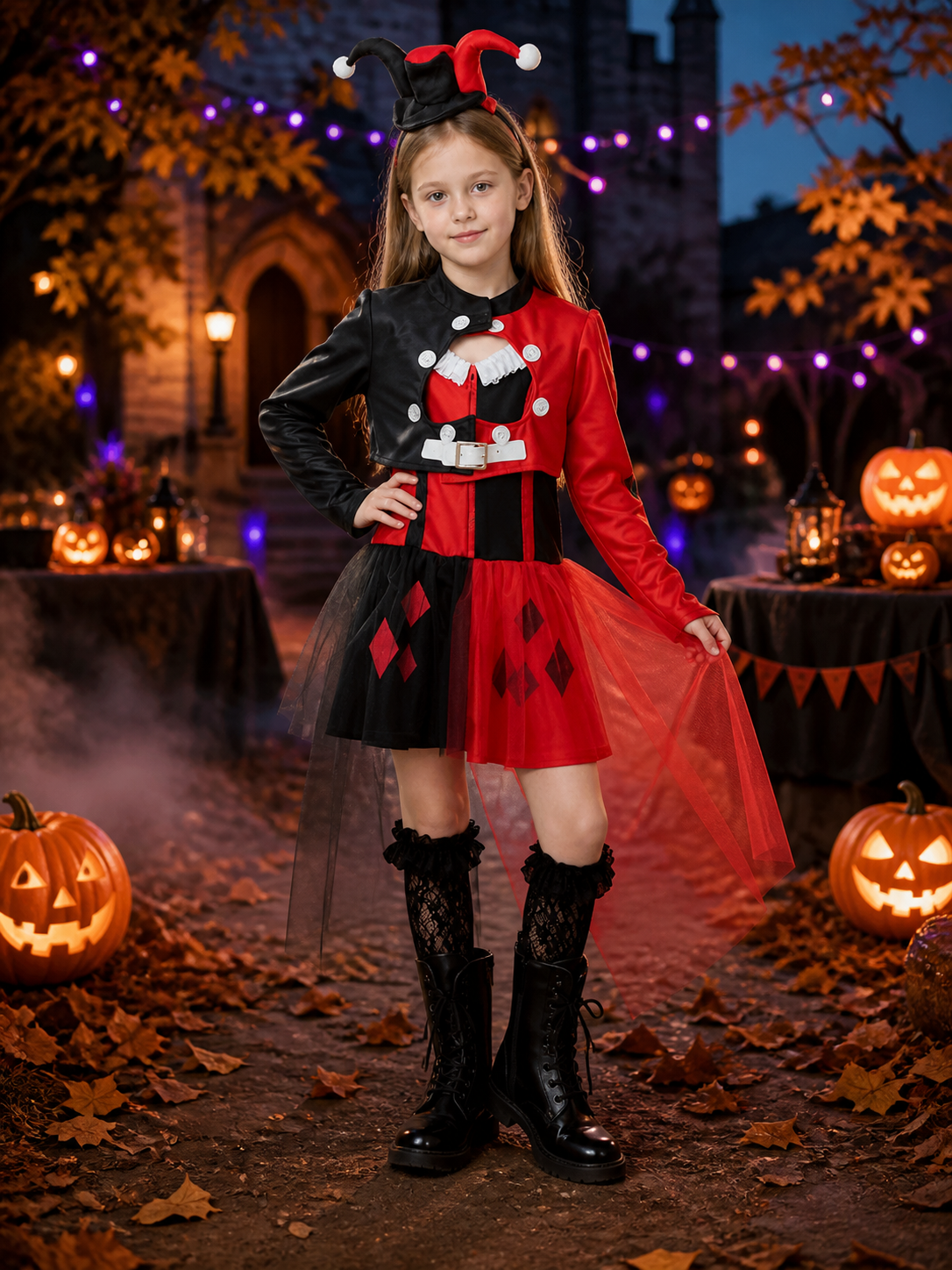 Kids Clown Circus Halloween Costume Set - Black Red Harlequin Dress with Costume Dresses detail 2
