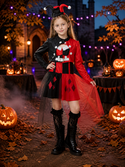 Kids Clown Circus Halloween Costume Set - Black Red Harlequin Dress with Costume Dresses detail 2