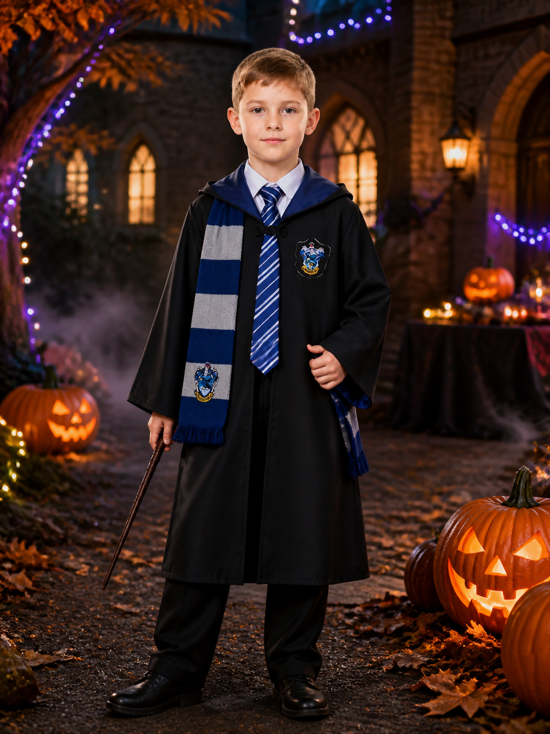 Wizard Academy Hooded Robe Costume Set with Striped Tie and Scarf Costumes detail 2