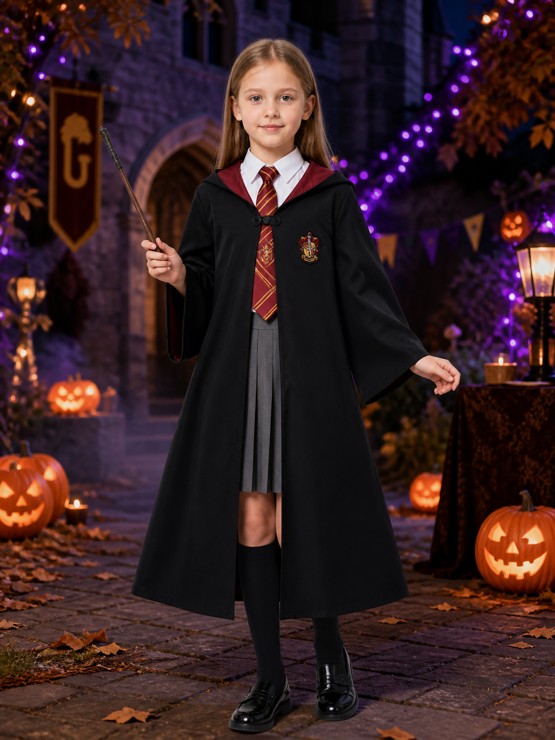 Wizard Academy Costume Set with Hooded Robe, Shirt, Pleated Skirt, Tie and Wand Costume Accessories detail 2