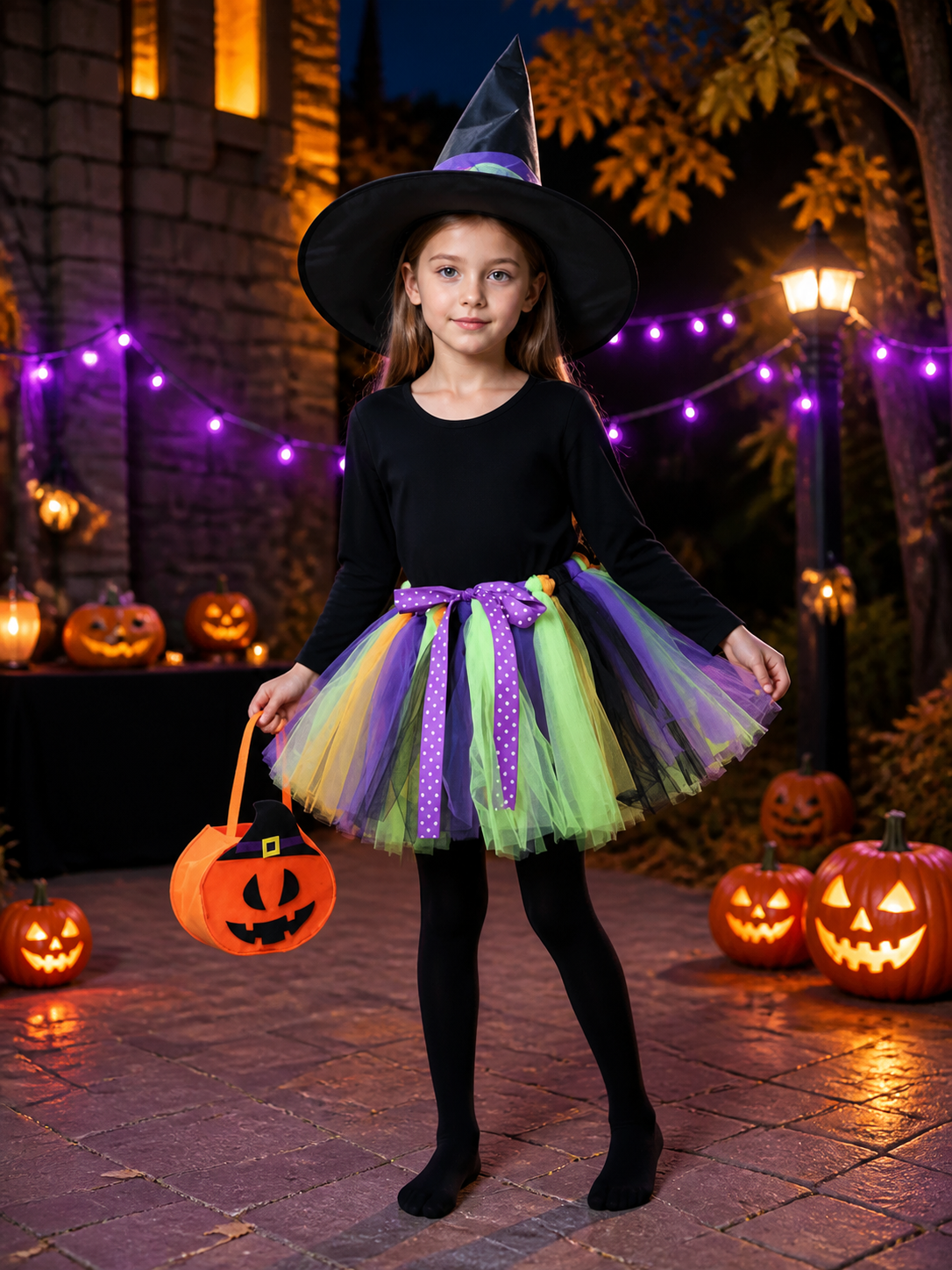 Kids' Halloween Witch Costume Set with Long-Sleeve Top, Tutu Skirt, Hat and Costume Headwear detail 2
