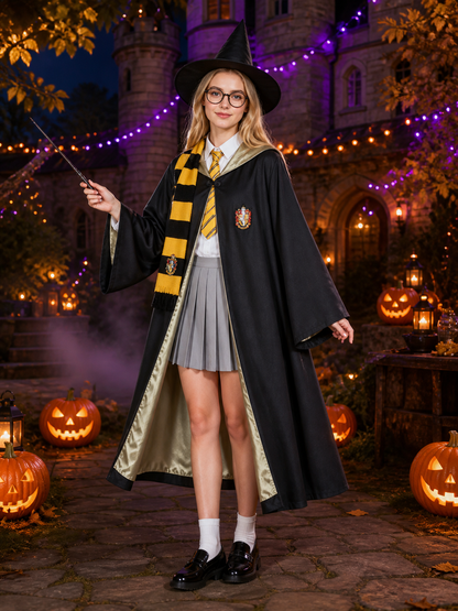 Black And Gold Hooded Wizard Costume Set With Robe, Shirt, Skirt And Accessories Costume Accessories detail 2