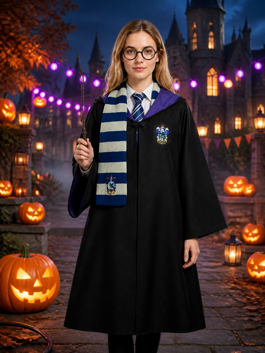 Wizard Robe Costume Set with Black Long Hooded Cloak, Purple Lining, Striped Costume Capes detail 2