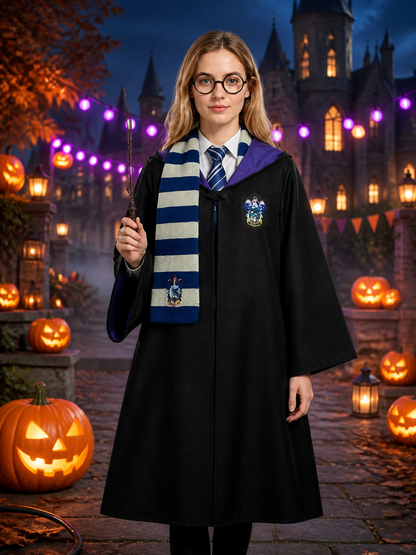 Wizard Robe Costume Set with Black Long Hooded Cloak, Purple Lining, Striped Costume Capes detail 2