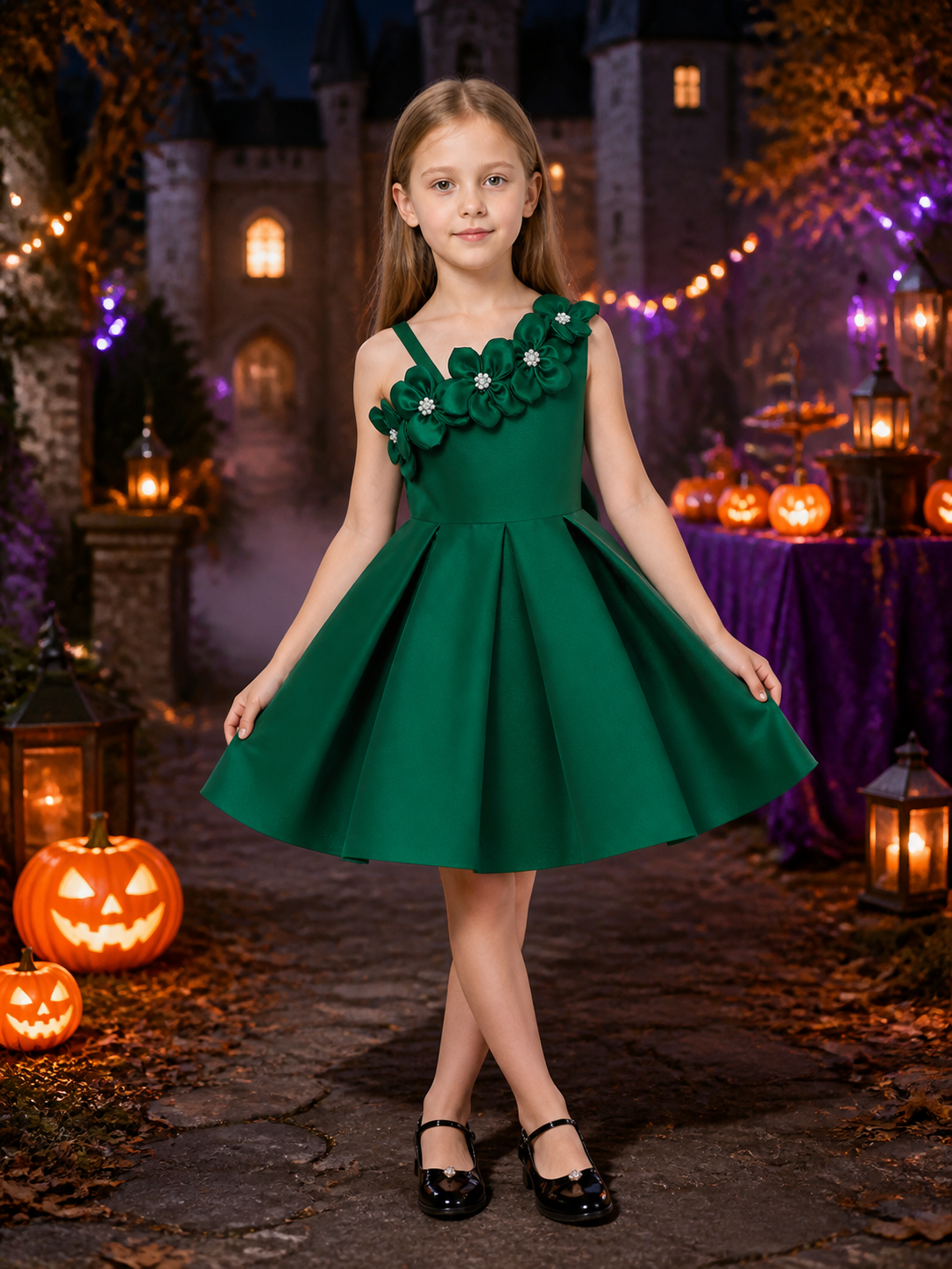 Girls' Dark Green Princess Dress, One-Shoulder 3D Floral Full-Skirt Design Costume Dresses detail 2