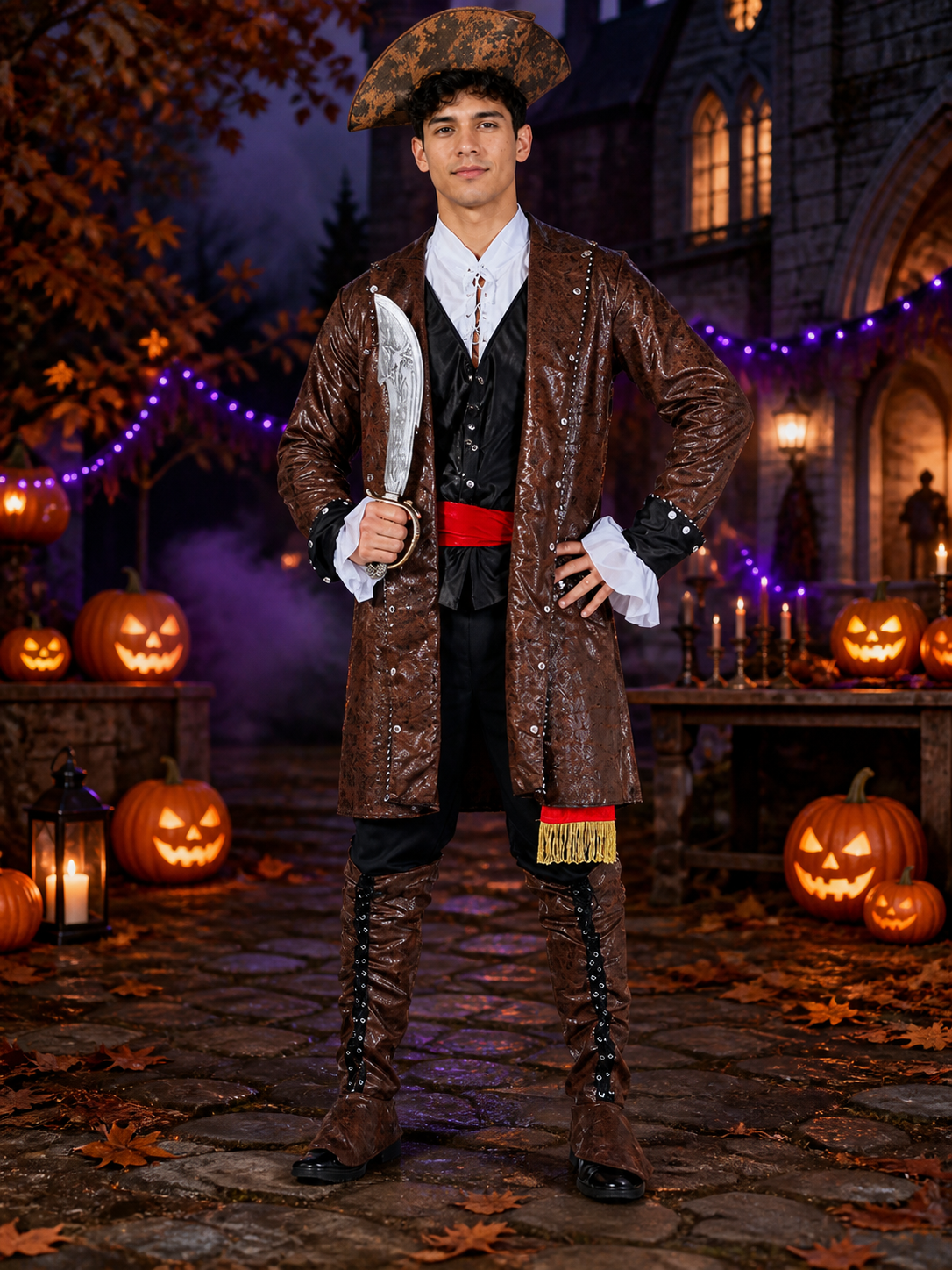 Adult Pirate Captain Halloween Costume Set, Brown Long Coat with Red Sash, Gold Costumes detail 2