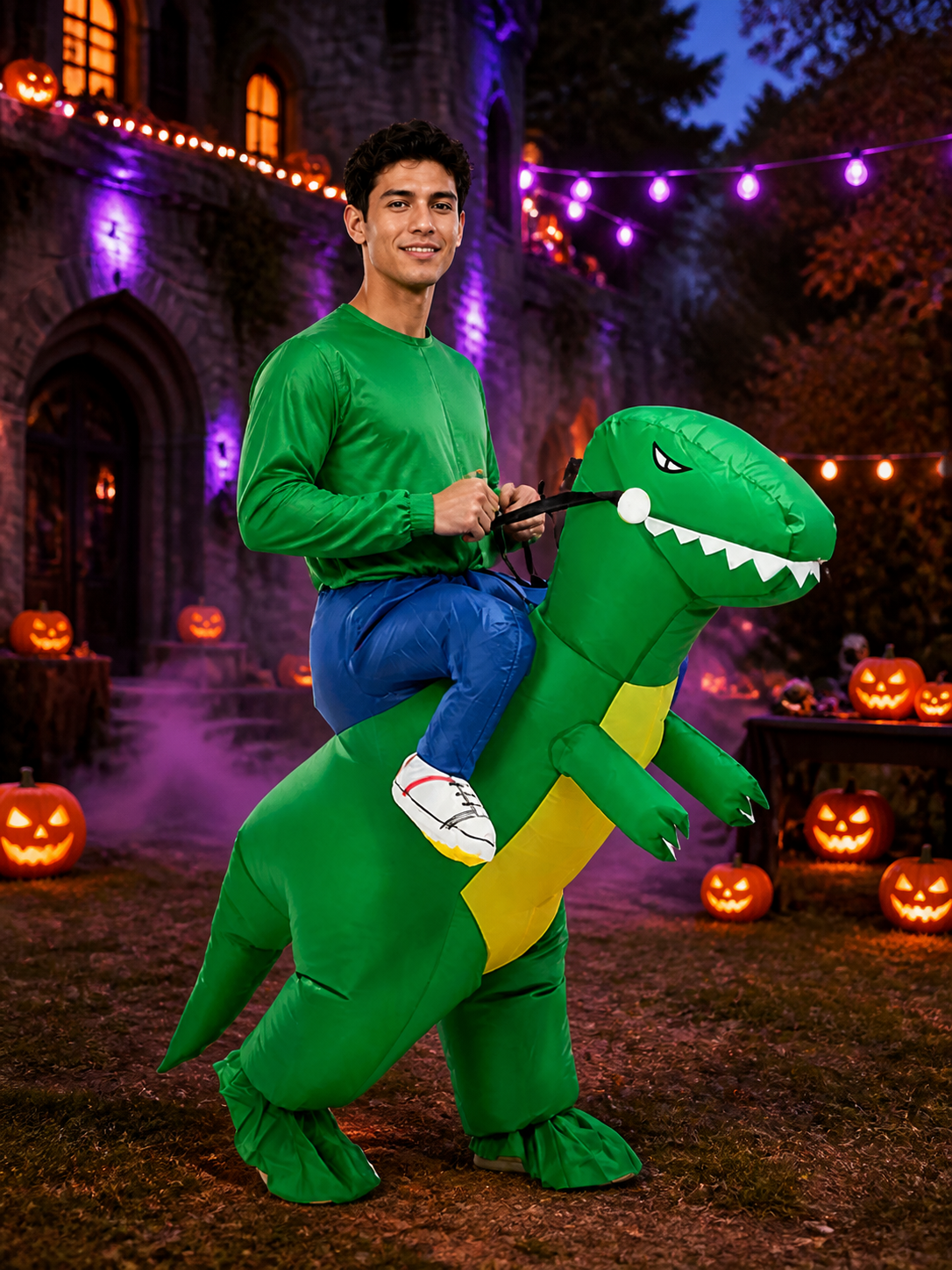 Green Inflatable Riding Dinosaur Costume, Funny Halloween Suit with Yellow Belly Costumes detail 2