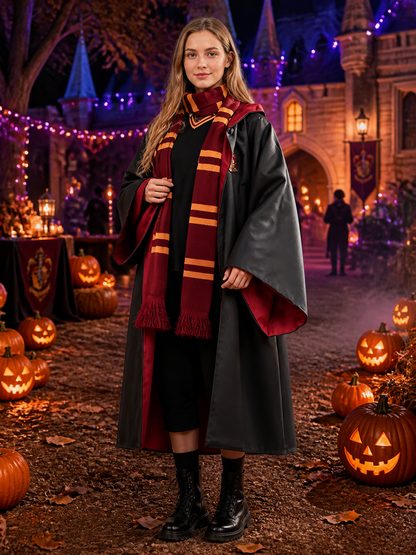 Wizard Costume Set, Long Robe Cloak With Red-Gold Striped Scarf, Halloween Costume Capes detail 2