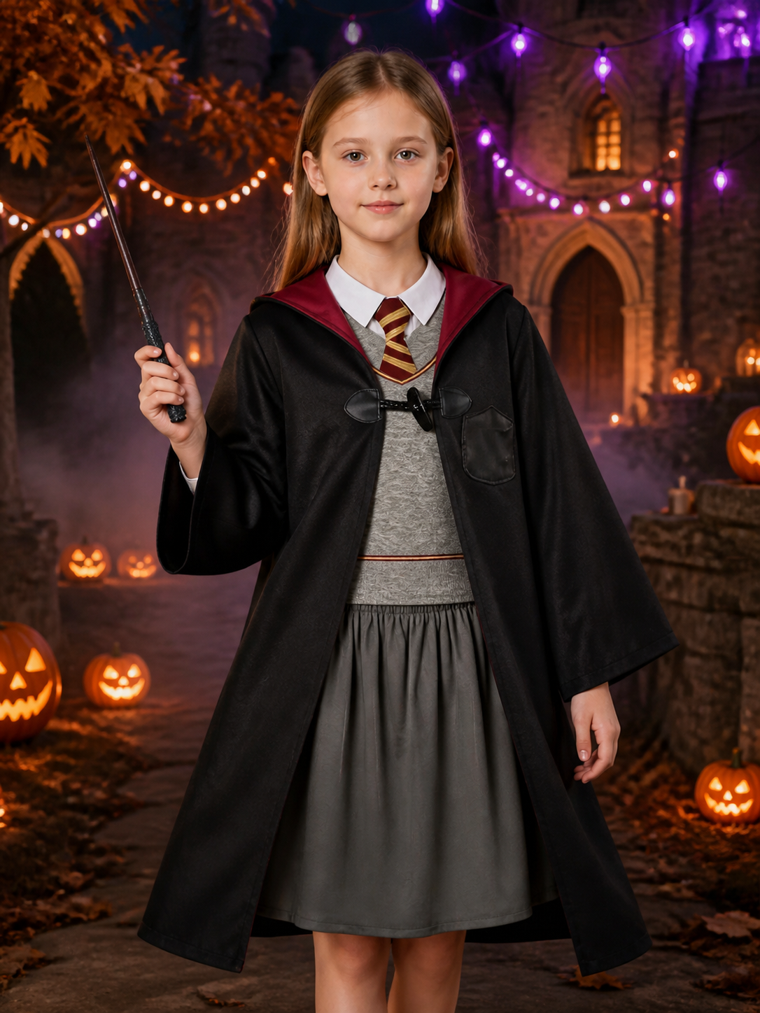 Children's Gryffindor-Themed Wizard Costume Set with Hooded Robe, Vest, Skirt Costumes detail 2