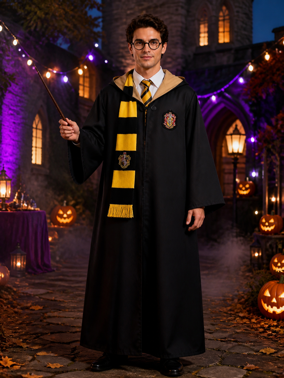 Hufflepuff Wizard Costume Set, Hooded Robe With Tie, Scarf, Glasses & Wand Costume Accessories detail 2