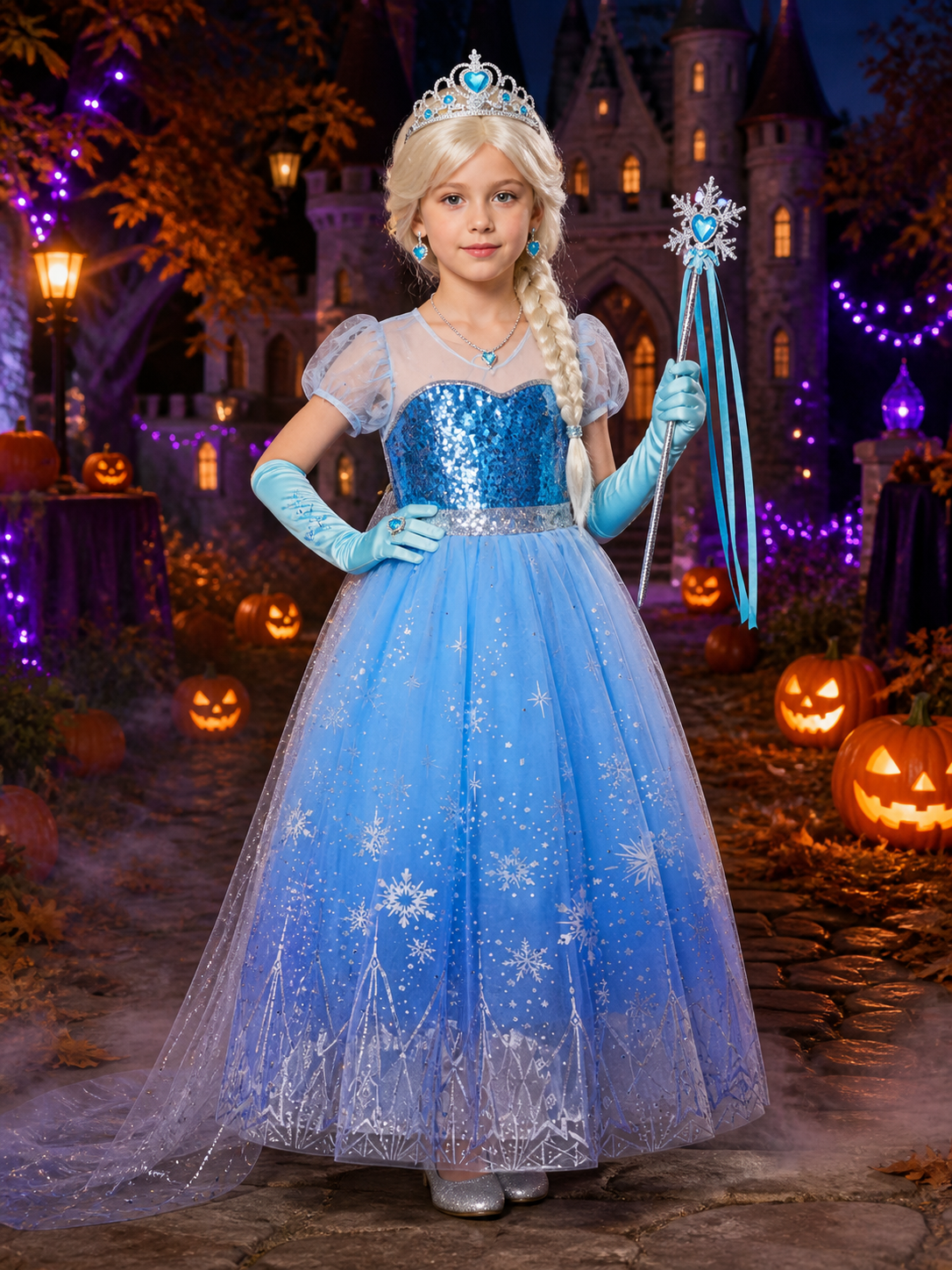 Girls Snow Queen Blue Sequined Puffy Gown Costume Set With Wig And Crown For Costume Dresses detail 2