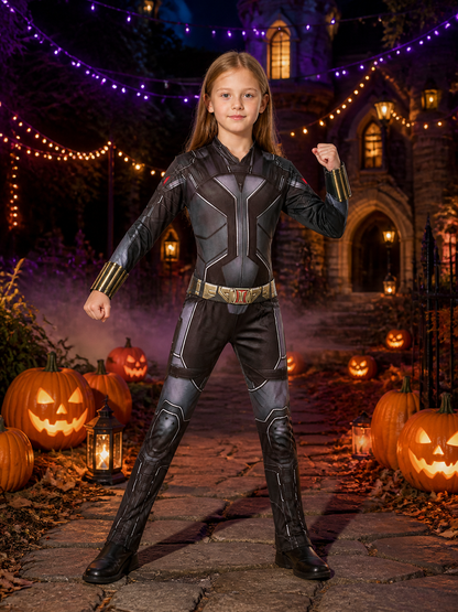 Girls Black Widow Superhero Bodysuit Costume, Long Sleeve Armor Print Jumpsuit