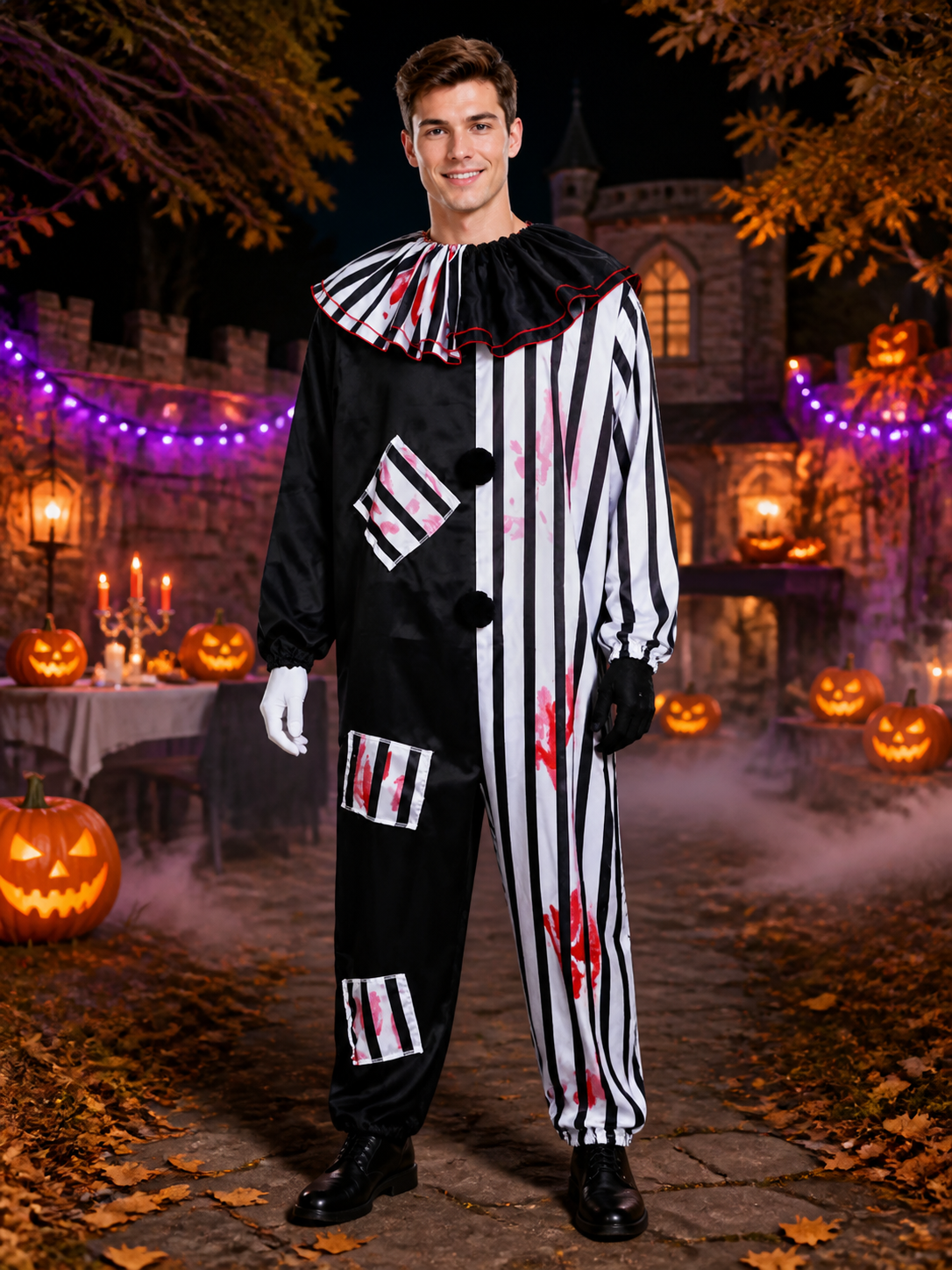 Horror Clown Jumpsuit Costume, Ruffled Collar, Striped Splatter Print Costumes detail 2