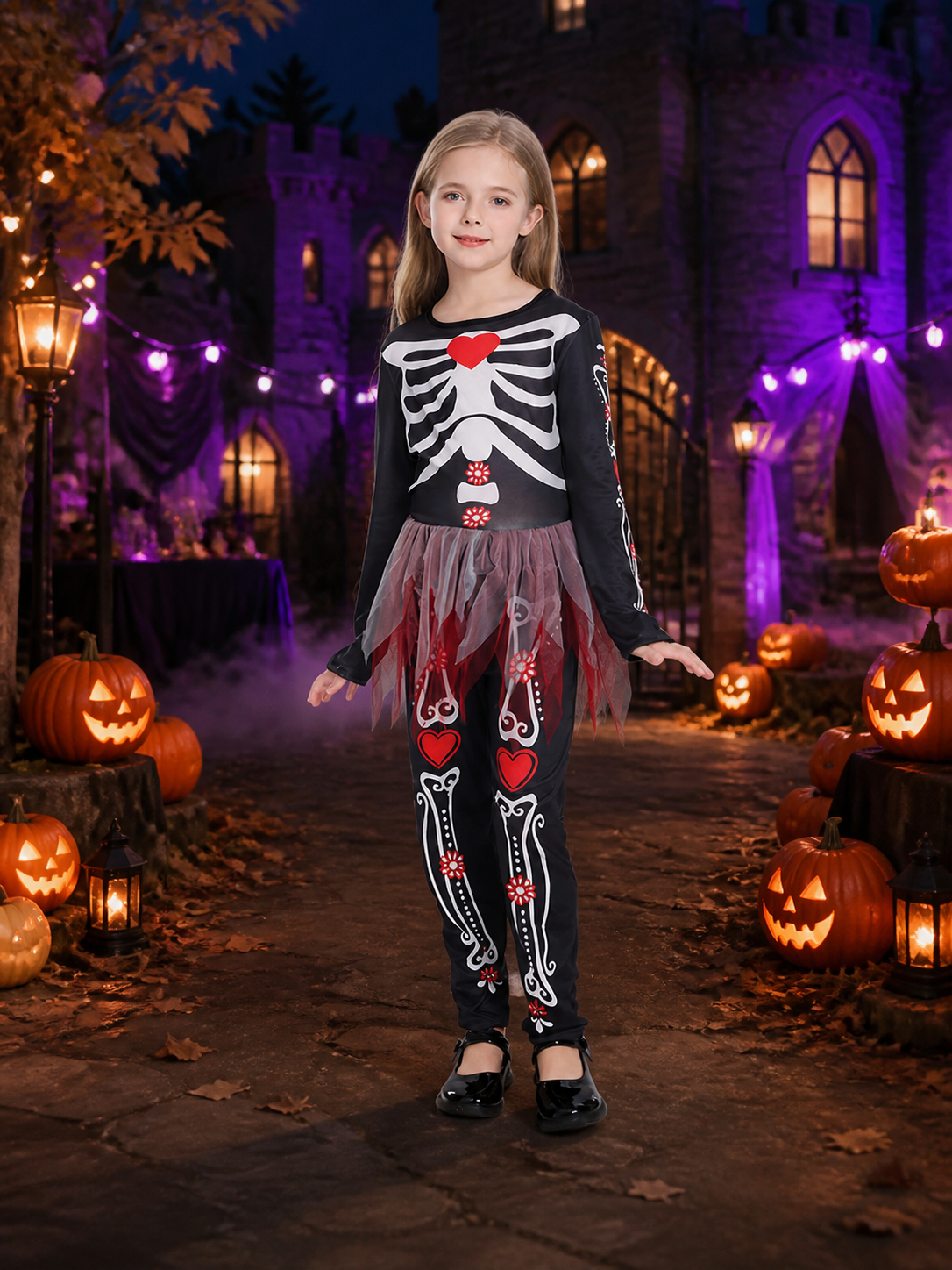 Girls Black Skeleton Jumpsuit With Tulle Skirt Halloween Costume Costumes detail 2