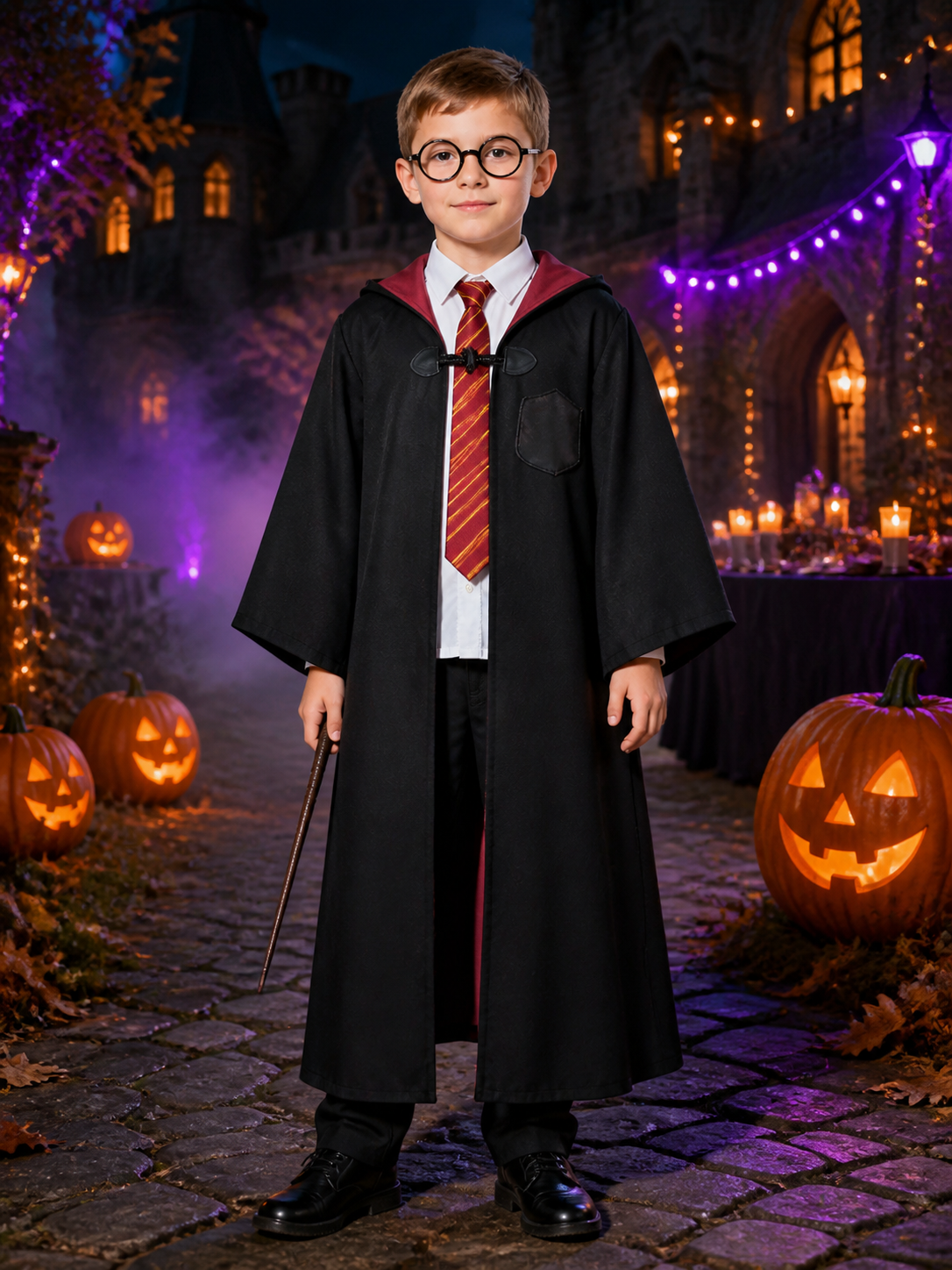 Children's Wizard Costume Set, Hooded Robe, Shirt, Pants, Tie and Glasses Costumes detail 2