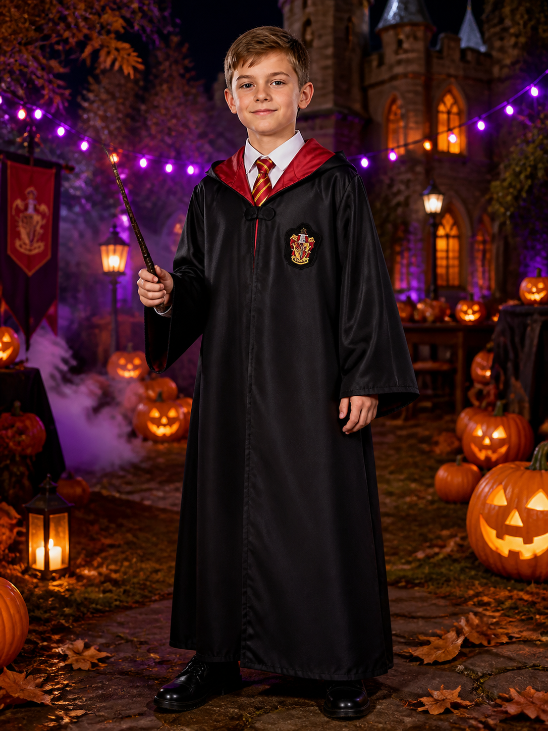 Children's Hooded Wizard Robe Costume Set With Tie and School Crest Costumes detail 2
