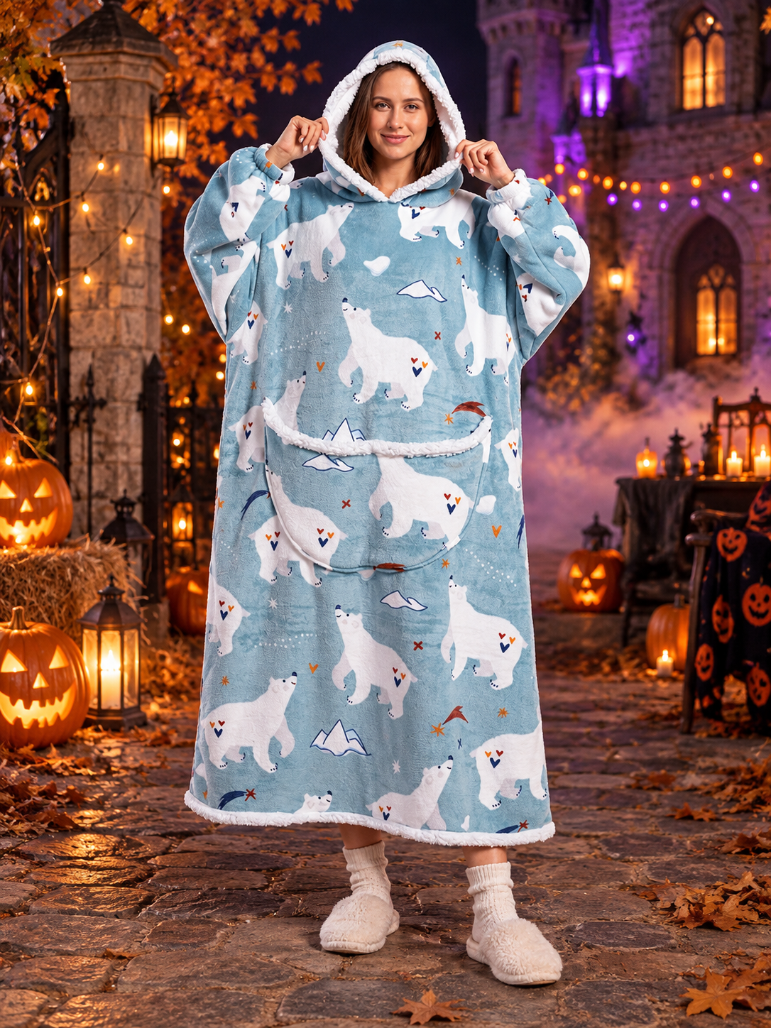 Flannel Hooded Blanket with White Bear Print