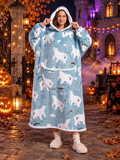 Flannel Hooded Blanket with White Bear Print