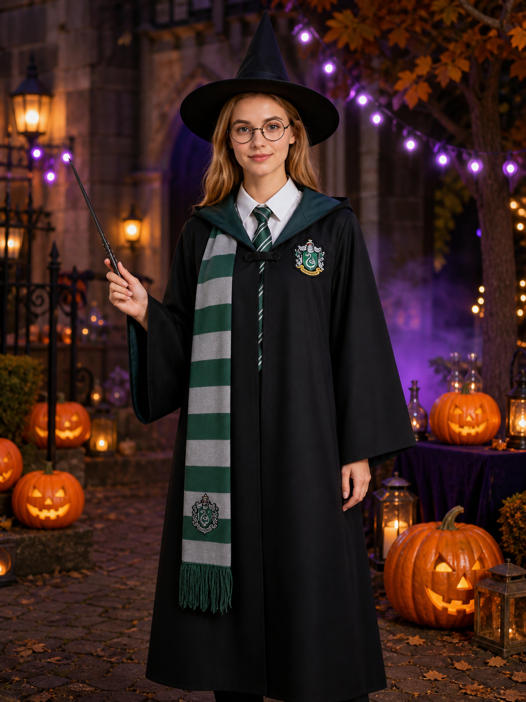 Green Wizard Costume Set: Hooded Robe, Hat, Tie, Scarf, Glasses & Wand Costume Headwear detail 2
