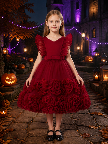 Toddler Girls' Maroon Princess Dress with Tulle Skirt, Rose Details and Bow Belt Costume Dresses detail 2