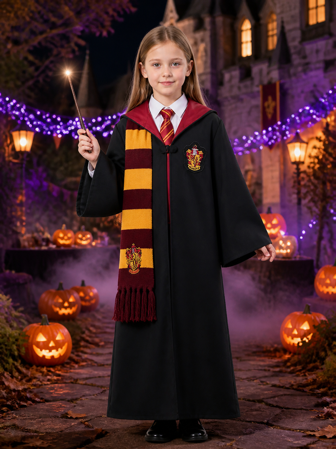 Unisex Wizard Robe Costume Set with Striped Tie and Scarf, Long Sleeve Hooded Costumes detail 2