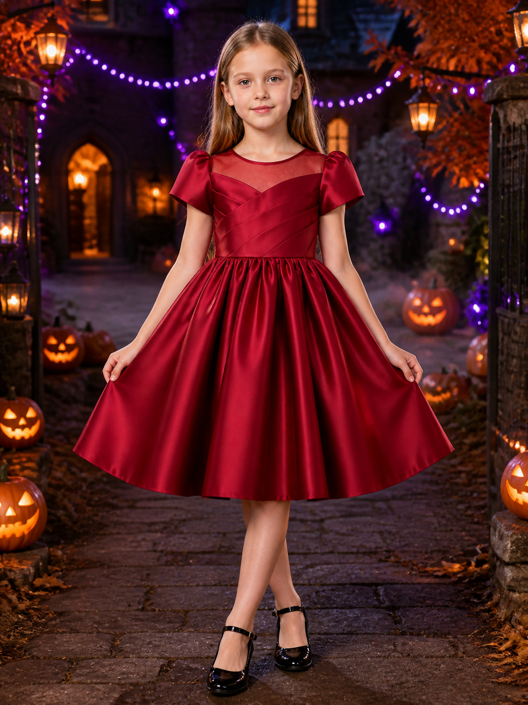 Girls' Burgundy Princess Dress, Short Sleeve Bow Detail Puff Skirt Gown Costume Dresses detail 2