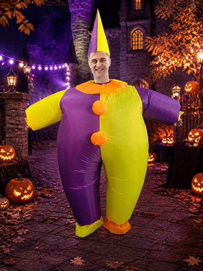 Inflatable Clown Jumpsuit Costume, Purple Yellow Split Color with Orange Costumes detail 2