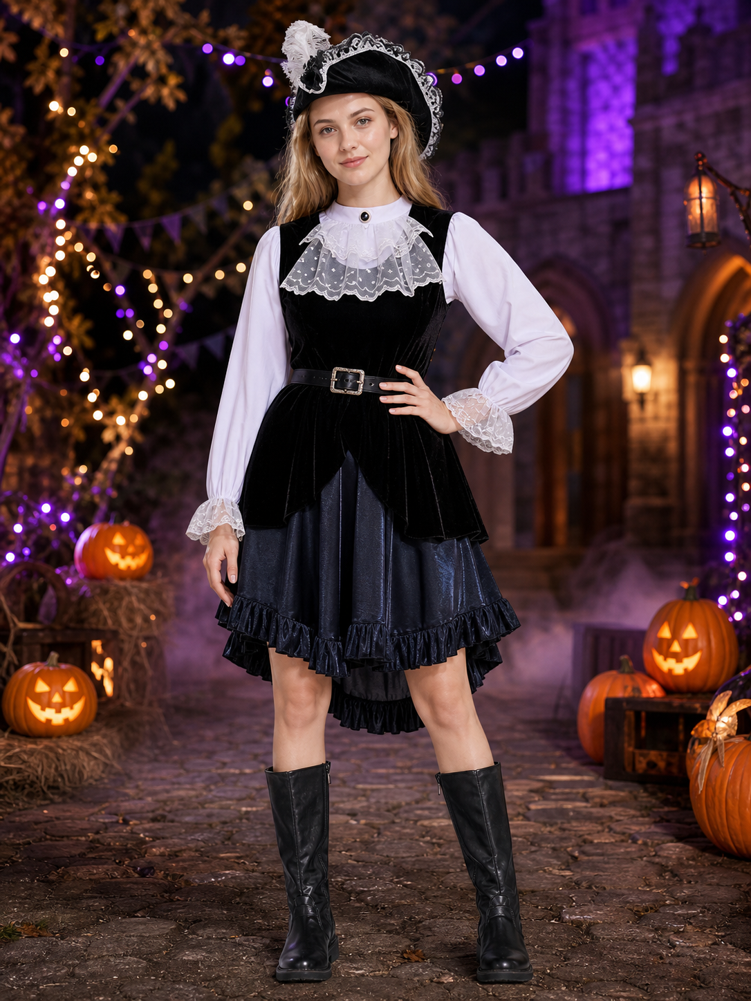 Black And White Pirate Costume Set With Lace Trim, Layered Skirt And Hat Costume Headwear detail 2