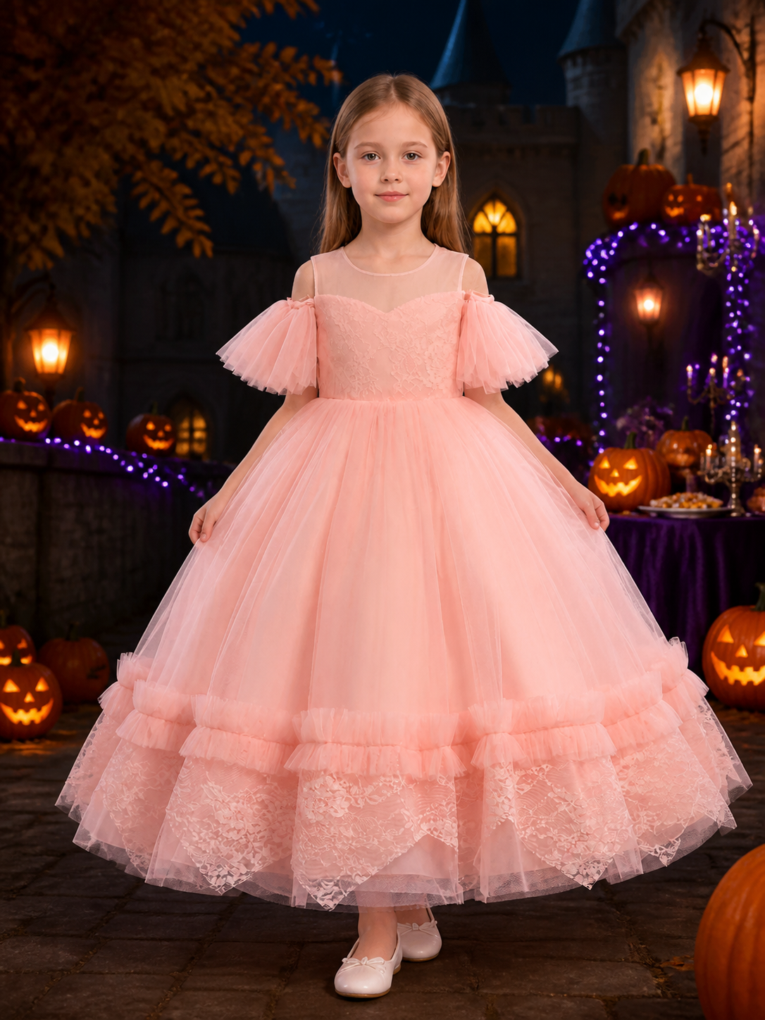 Girls' Pink Lace Princess Dress, Layered Tulle Formal Gown Costume Dresses detail 2
