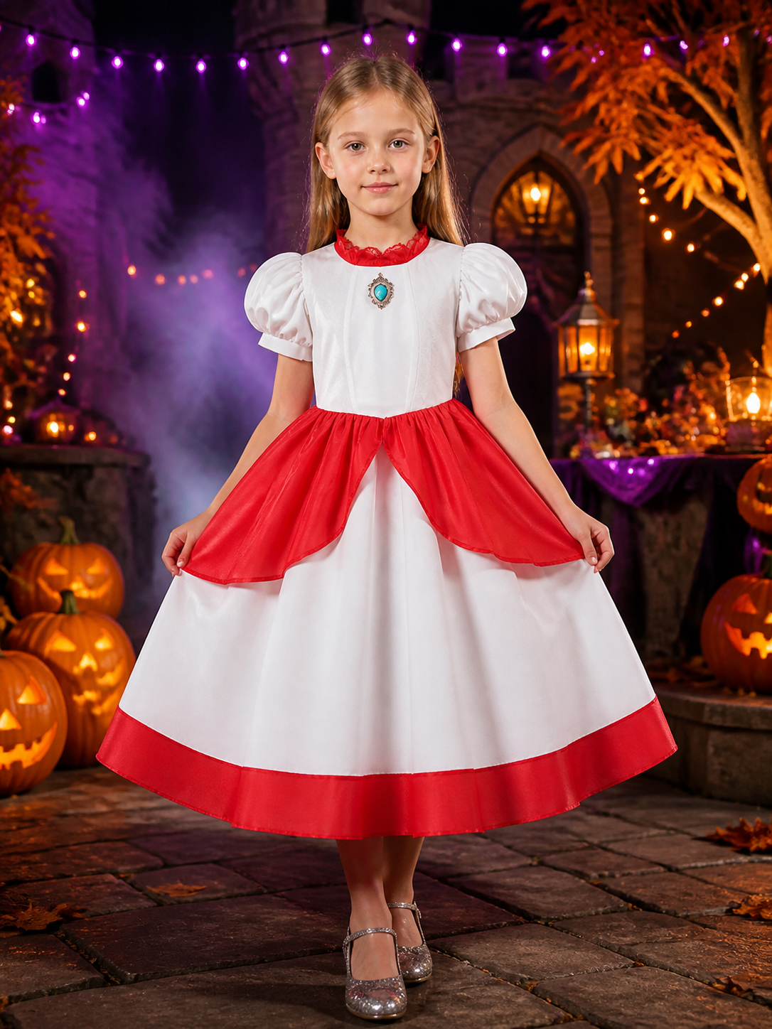 Girls Princess Costume Dress, White and Red Puff Sleeve Dress with Lace Collar Costume Dresses detail 2