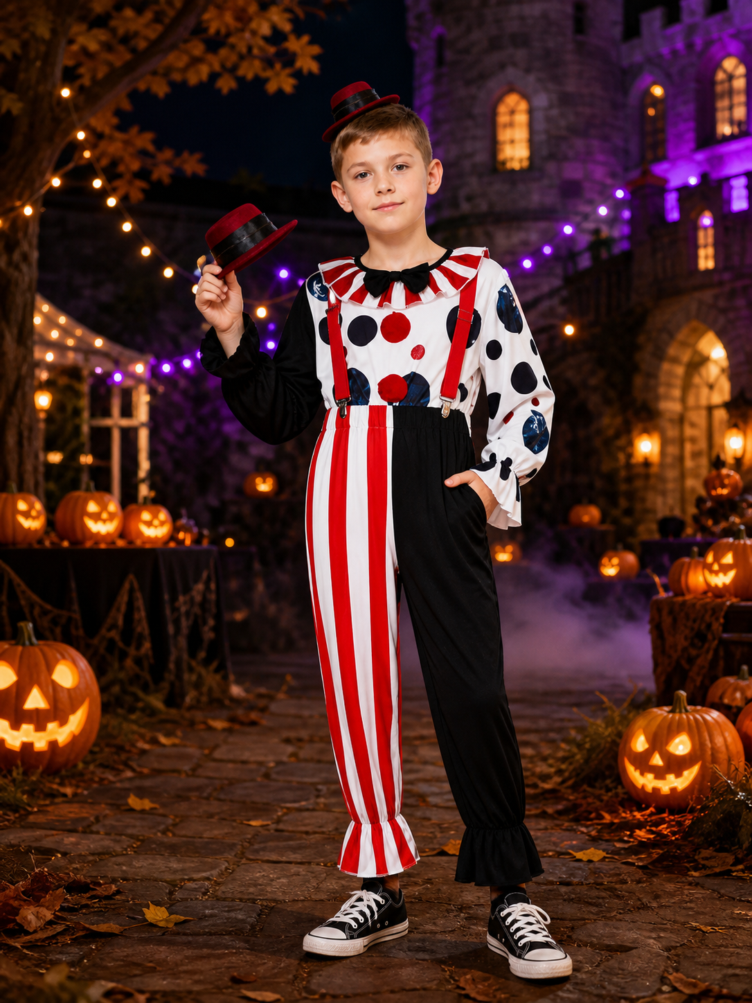 Men's Clown Costume Set, Asymmetric Striped Pants & Vest, Bow Tie, Hat Costume Headwear detail 2