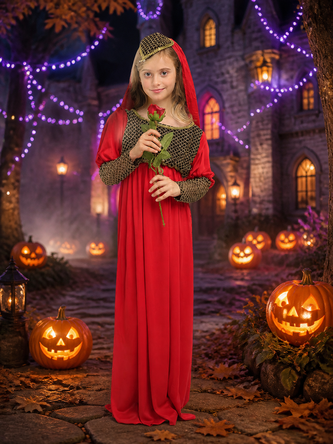 Red Princess Costume Dress with Black Gold Pattern and Headpiece, Long Sleeve