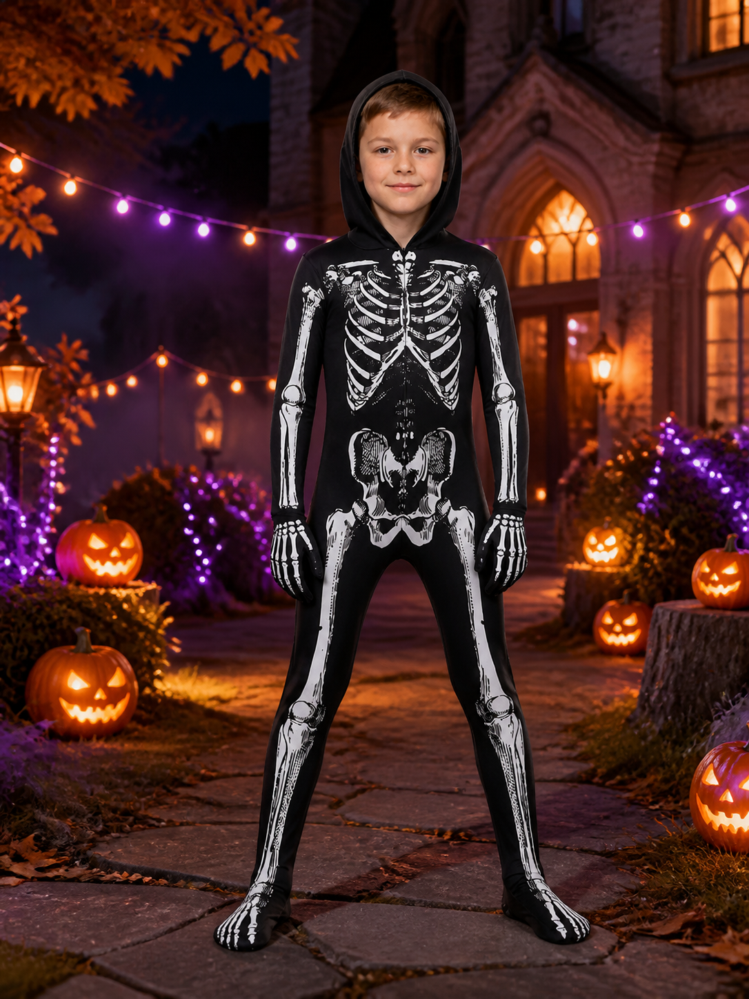 Kids Skeleton Hooded Bodysuit Costume, Black and White Bone Print Halloween Costumes detail 2