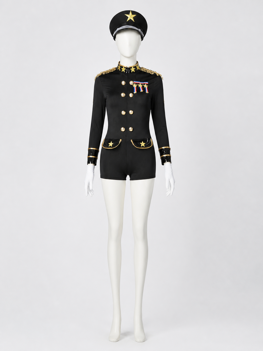 Women's Police Officer Costume, Gold Trim Jumpsuit with Hat and Gloves Costume Headwear detail 2