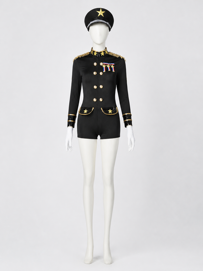Women's Police Officer Costume, Gold Trim Jumpsuit with Hat and Gloves Costume Headwear detail 2