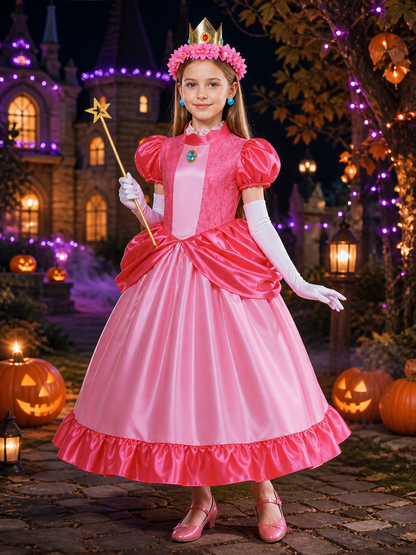Girls Halloween Peach Pink Princess Costume Set with Lace Ball Gown, Crown & Costume Dresses detail 2