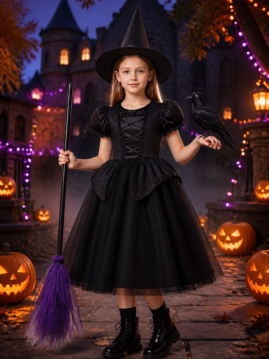 Kids' Purple and Black Witch Costume Dress Set with Hat, Broom and Crow Costume Dresses detail 2