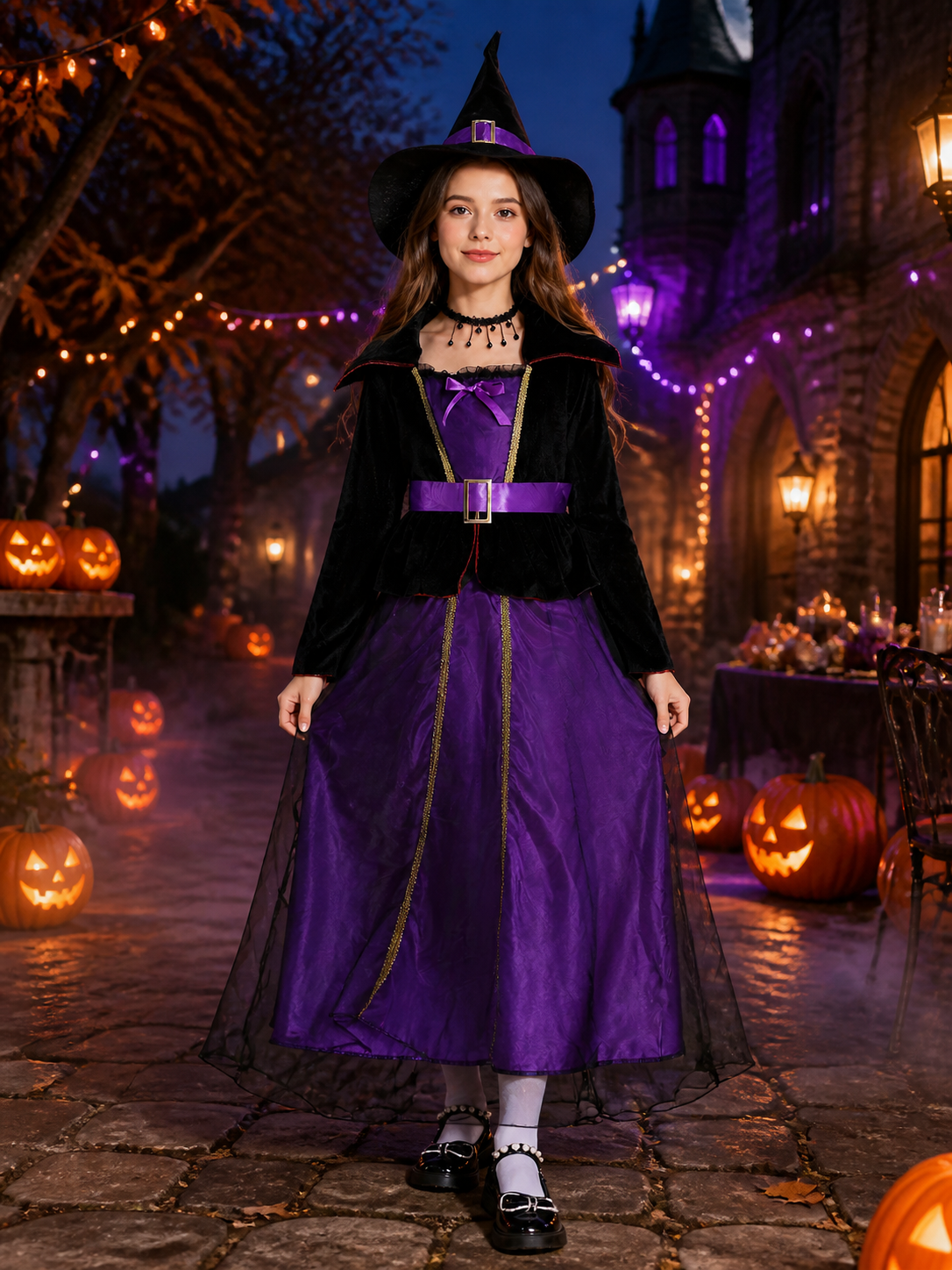 Girls Black Purple Witch Costume Set With Hat, Belt & Necklace For Halloween Costume Headwear detail 2