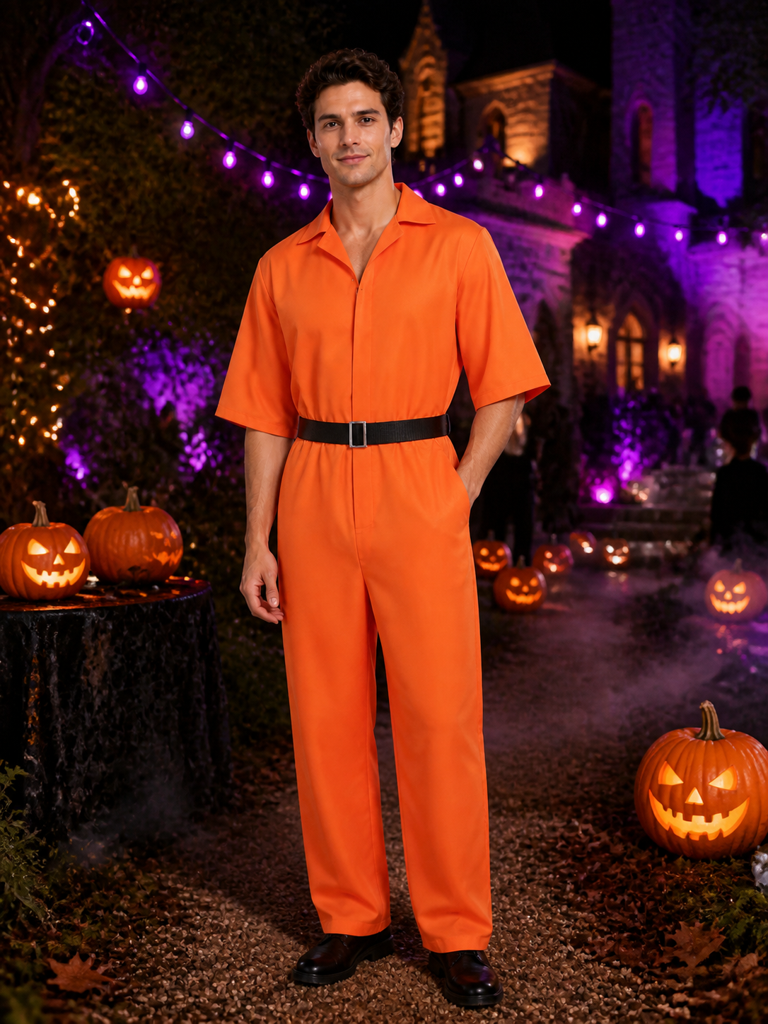 Orange Plus Size Prisoner Jumpsuit Costume, Collared Short-Sleeve Halloween Costumes detail 2